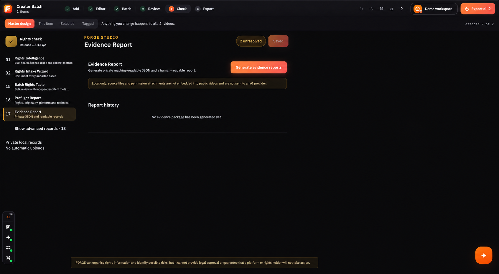 Forge Studio Check screen