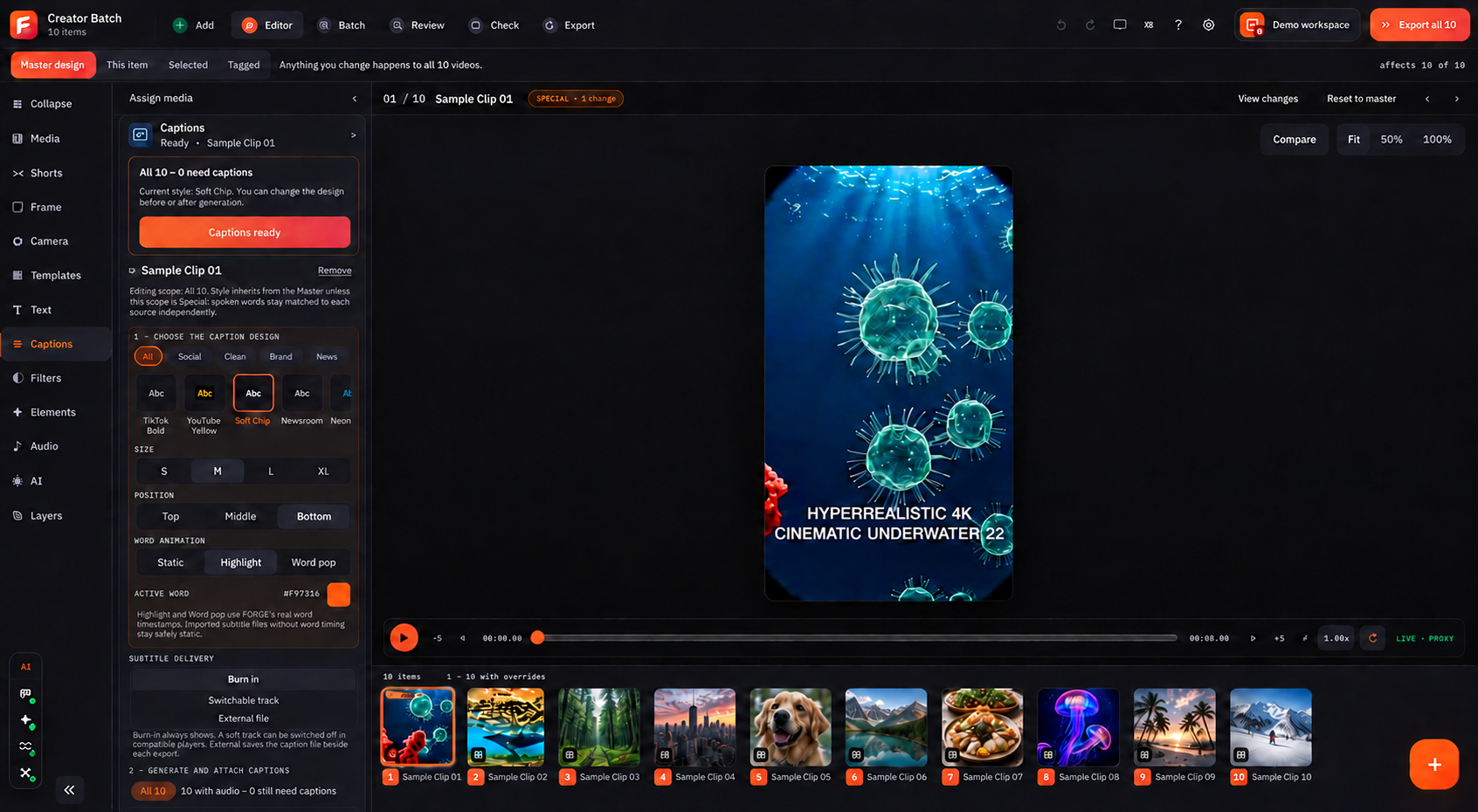 Real Forge Studio Editor with ten videos open